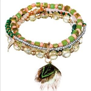 Multi Color Beads And Feathers Stretch Bracelet